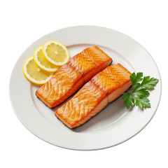 3d grilled salmon fillets with lemon slices and parsley isolated on transparent background
