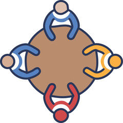 Flat design vector icon of a team of four diverse people sitting around a conference table, symbolizing a business meeting and collaboration, isolated on a white background.