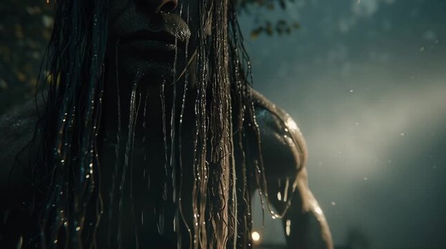 Haunting cinematic still of a Slavic water goblin emerging from dark, misty waters, eerie and mystical atmosphere