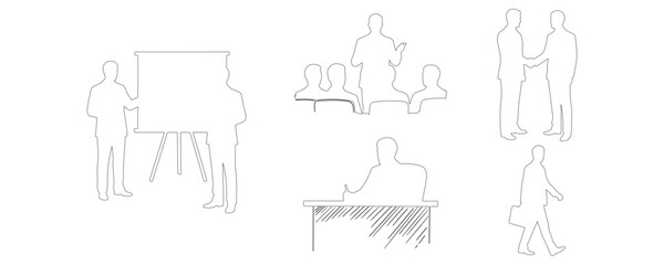 Architectural Drawings Hand drawn outline collection of businessmen in formal suits giving presentations, black ink pen drawing style vector illustration, human person Minimal style