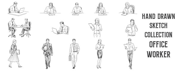 Architectural Drawings Hand drawn sketch collection of office workers in formal and semi-formal attire, black ink pen drawing style vector illustration, human person Minimal style