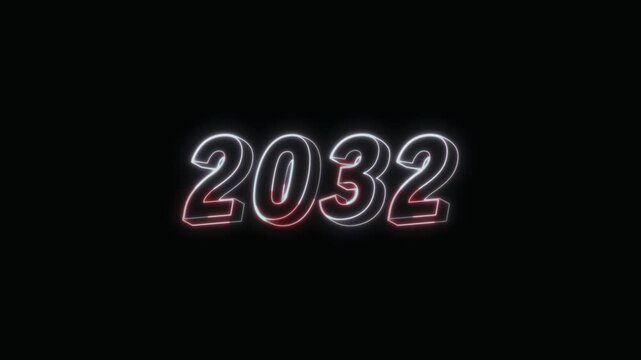 2032 New Year Text Neon Seamless Loop 4K Glowing Typography Animation for VFX and Video Editing