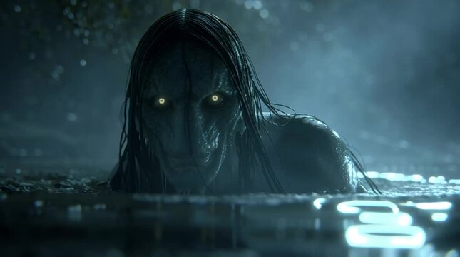 Haunting cinematic still of a Slavic water goblin emerging from dark, misty waters, eerie and mystical atmosphere