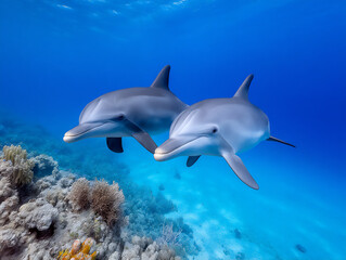 Fototapeta premium a heartwarming underwater image of a sea lion swimming alongside a bottlenose dolphin