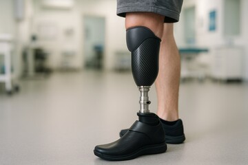 Detailed close-up of a modern prosthetic leg attached to a patient, with a blurred medical clinic background. Represents rehabilitation and medical technology.