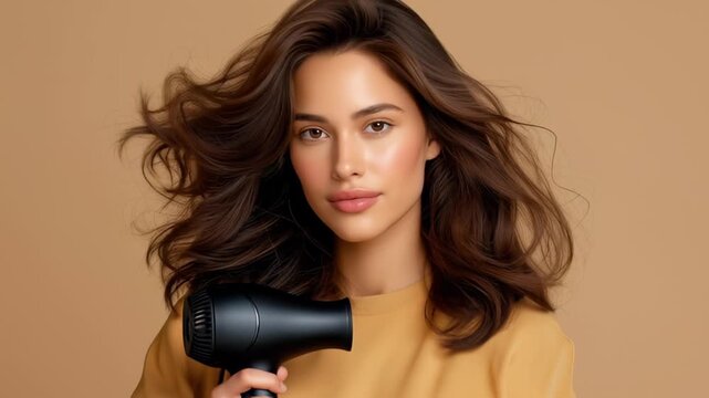 Woman styling her beautiful hair with a hair dryer. Bright golden background highlights her glowing complexion. Concept of beauty, hair care, personal grooming