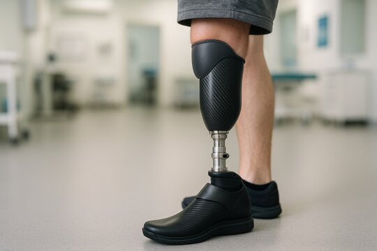 Detailed close-up of a modern prosthetic leg attached to a patient, with a blurred medical clinic background. Represents rehabilitation and medical technology.