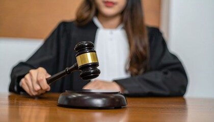  court judge in courtroom uses gavel to deliver judgment or verdict in legal case