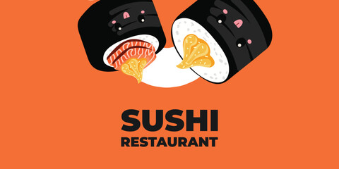 Vector illustrated advertising web and desktop banner with Japanese cuisine, traditional Asian food including sushi and rolls, perfect for Asian restaurant branding, menu design, and promotional