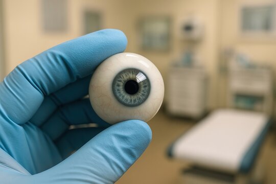 Detailed close-up of a prosthetic eye model held in a gloved hand with a blurred medical background. Represents ocular prosthetics and vision restoration.