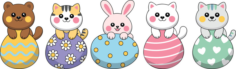 Obraz premium Adorable cartoon animals vector illustration set, featuring bear, cats, and rabbit sitting on colorful decorated balls, cute kawaii characters isolated background