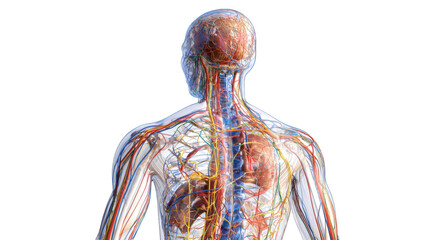 Transparent anatomical model of the back and upper body.  Detailed view of internal organs