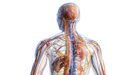 Transparent anatomical model of the back and upper body.  Detailed view of internal organs