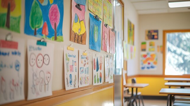 Colorful child artwork hangs on the wall in an elementary school classroom setting, creating a vibrant space.