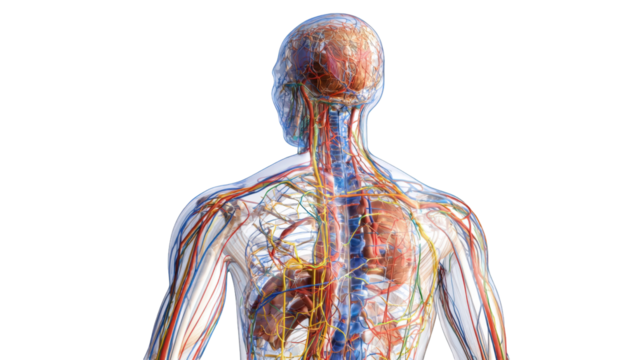 Transparent anatomical model of the back and upper body.  Detailed view of internal organs