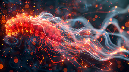 Abstract red and white energy streaks across a dark background with bokeh lights.