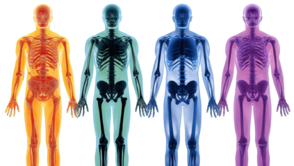 Four figures, each with a different color, showing the skeletal structure