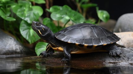 Obraz premium Black Turtle on Rock Near Water Surrounded by Green Leaves