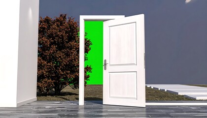 Open door to a vibrant green background.  Modern house exterior
