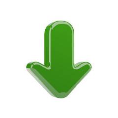 A glossy 3D green arrow down vector with soft shadows and highlights, symbolizing download or downward direction.