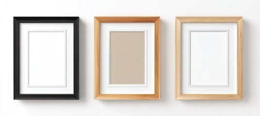 Three empty picture frames in various colors
