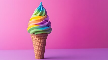 Delicious rainbow swirl ice cream cone sits against a vibrant pink backdrop creating a sweet temptation.