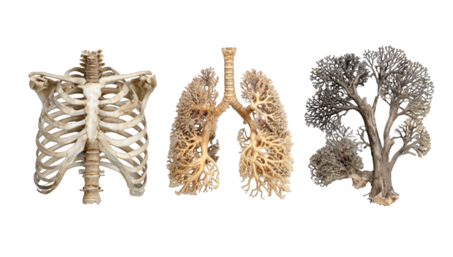 Anatomical study of ribcage, lungs, and a branched structure
