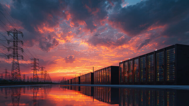 Data Center Reflection: Powerful computing meets nature's fiery display at sunset with high voltage power lines in the background.