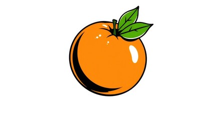 An illustration of a bright orange fruit with green leaves against a white background.