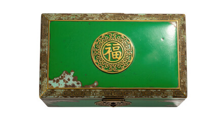 Antique ornate metal box with green enamel and gold emblem isolated on transparent background