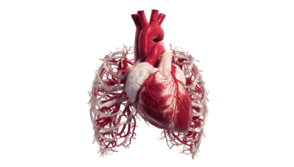 3D anatomical illustration of heart and rib cage