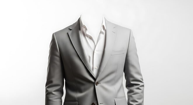 Professional grey suit jacket with an open white shirt on a headless male torso, suitable for business and corporate themes