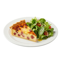 Golden-brown Quiche Lorraine slice, crispy bacon, melted Gruyere, vibrant green salad with vinaigrette, on white ceramic plate, isolated on soft transparent background. Gourmet culinary presentation