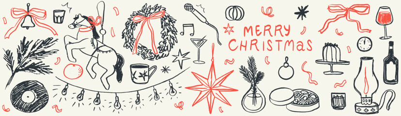Retro vintage new year drawings. Doodle sketches in grunge minimalist charcoal style for Christmas party or new year celebration decor like posters and invitation cards. Hand drawn chalk elements.