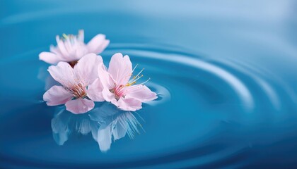 Delicate cherry blossoms float gently in clear blue water, creating a portrait of serenity and beauty. 