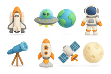 Charming space explorers and cosmic elements in 3d cartoon style