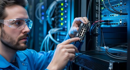 Dedicated IT engineer in safety glasses meticulously manages network equipment within a high-tech data center, optimizing server performance and connectivity