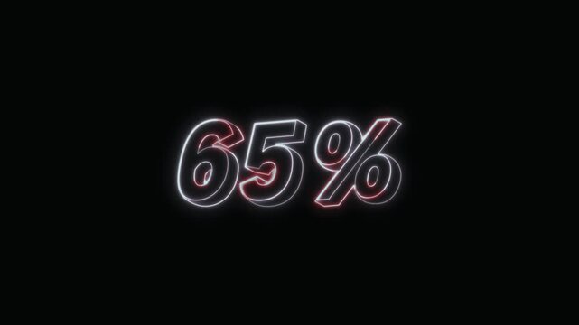  65 Percent Neon Text Seamless Loop 4K with Black Background Animated Promotional Typography for Video Editing