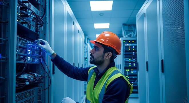 Data Center Technician Maintaining Servers Ensuring Network Stability