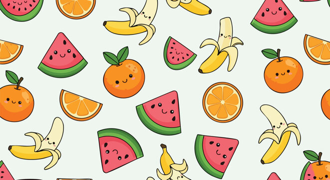 Delightful Fruit Fiesta: A Whimsical Pattern of Smiling Bananas, Oranges, and Watermelons Spreading Joyful Vibes and Summertime Cheerfulness