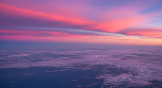 Aerial view of clouds illuminated by a vibrant pink and purple sunset