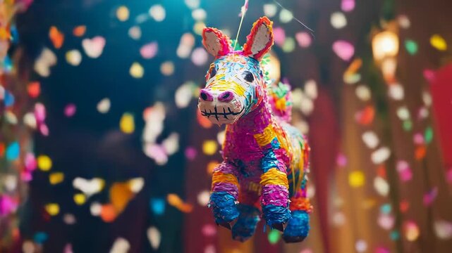 Colorful pinata in the shape of a donkey flying among confetti and streamers at a traditional Mexican fiesta. Cinco de mayo. The day of the dead. Dia de los Muertos