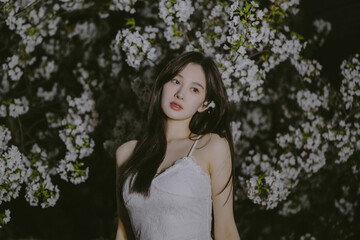 Woman in white dress standing near blooming flowers with a warm atmosphere.