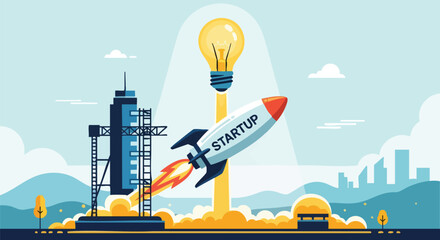 Innovative startup launch illustration with rocket, light bulb idea and under construction skyscraper, concept of creative business growth