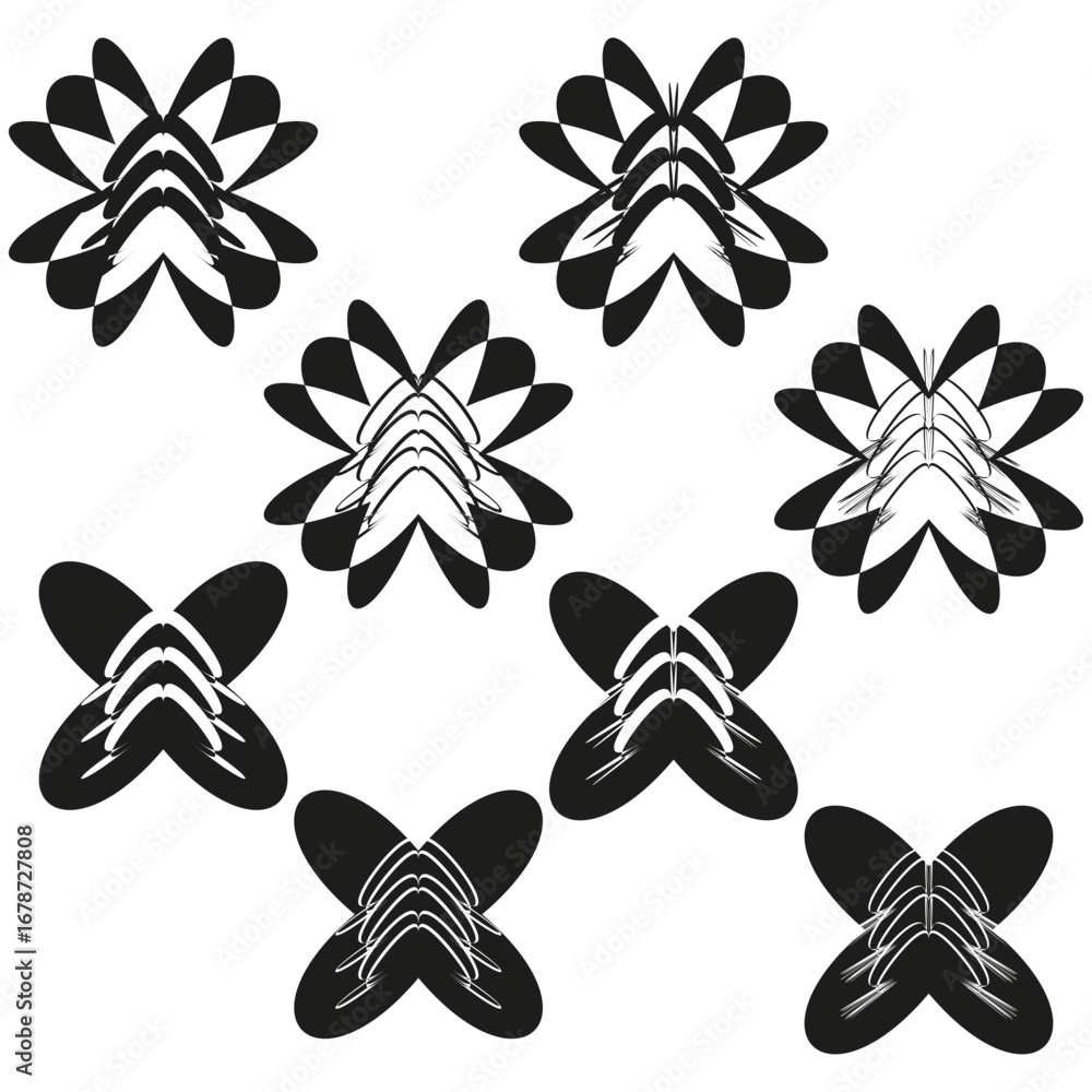 Poster star burst shapes. abstract radial design. symmetrical vector elements. optical line texture.