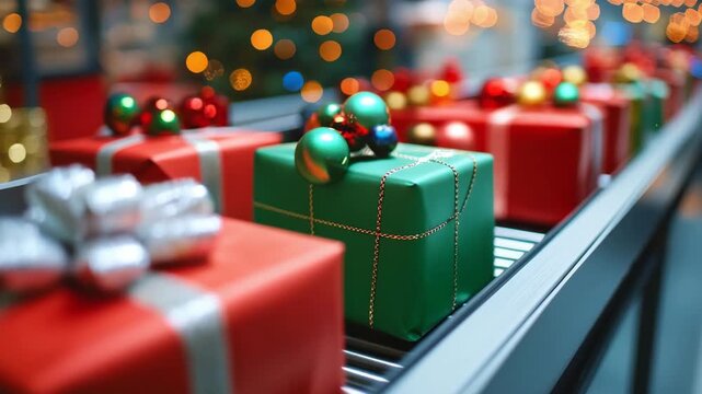 multiple colorful fancy Christmas gift and presents moving along a conveyor belt in a warehouse fulfillment center, which decorated by christmas ornament