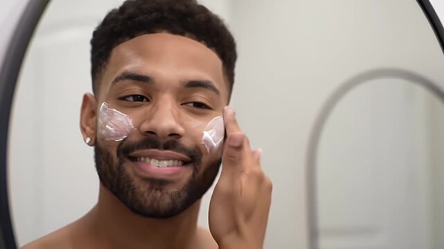 Joyful Young African American Man Applying White Facial Cream to Face in Mirror For Skincare Routine And Demonstrating Beauty and Health at Eye Level For Cosmetic Promotion and Advertisement