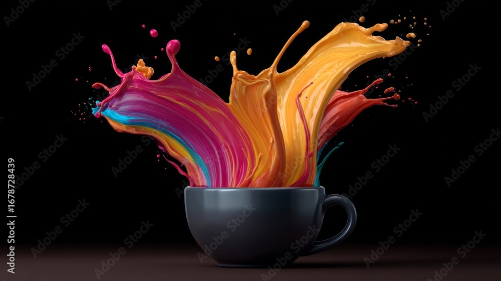 Aufkleber vibrant splashes of colorful paint erupting from a dark ceramic cup, creating a dynamic visual displ