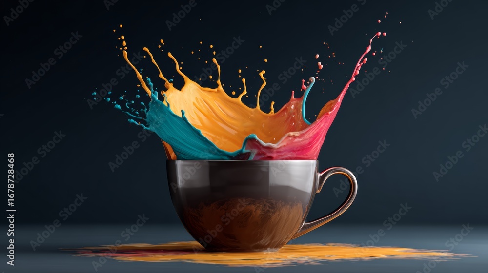 Poster vibrant splash of colorful paint erupting from a dark ceramic cup, creating an artistic display agai