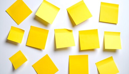Yellow sticky notes scattered on white background